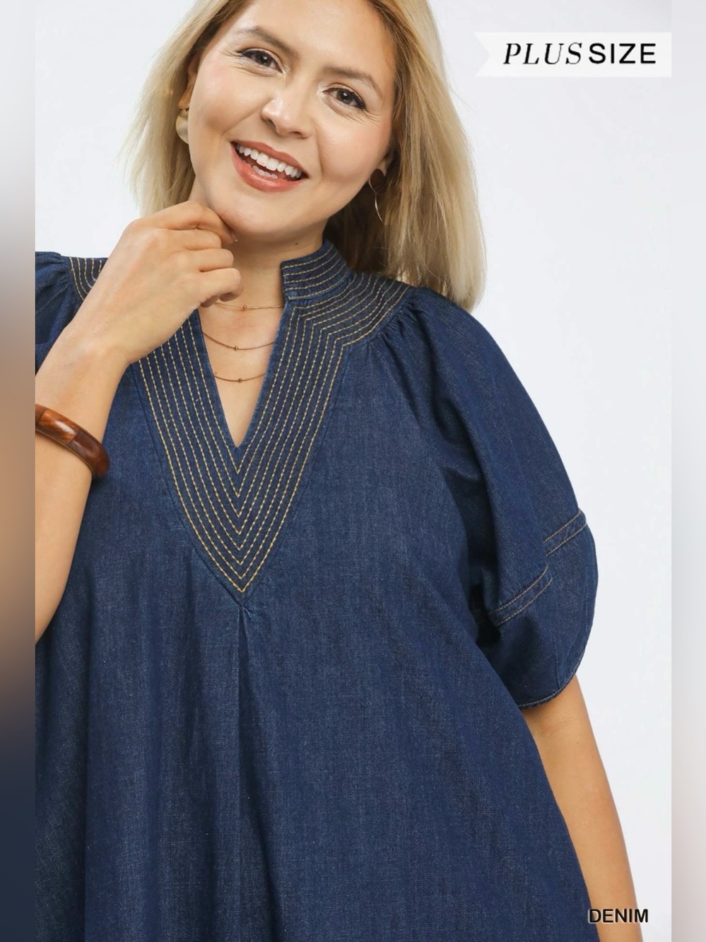 New!Umgee Plus Size Denim Pocket Puff Sleeve Contrast Mini Dress Size 2X - Picture 7 of 8